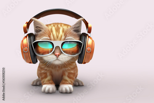 cute trendy ginger kitten in sunglasses and orange headphones listens to music on an empty white background 3d image copyspace ai generated