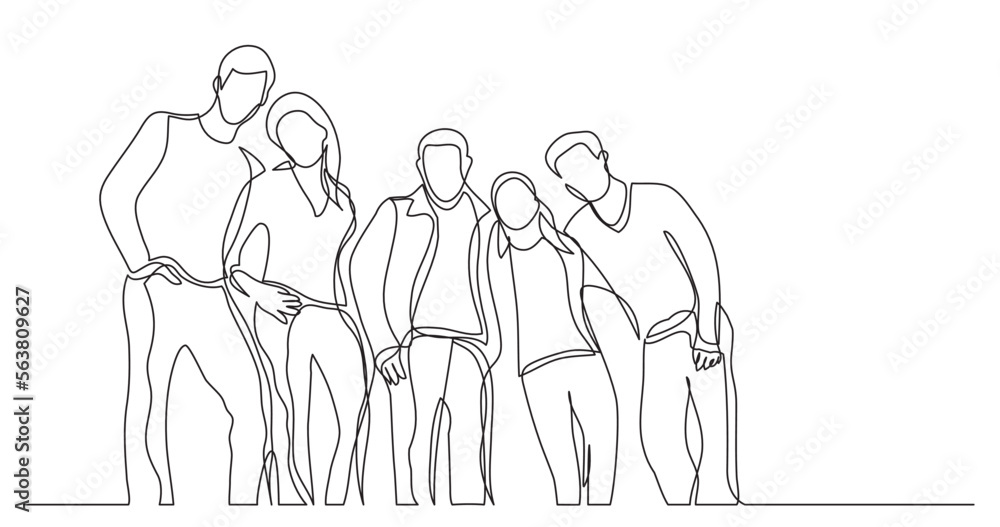 continuous line drawing vector illustration with FULLY EDITABLE STROKE of group of young student friends standing together posing smiling continuous line drawing vector illustration with FULLY EDITABLE STROKE of group of young student friends standing together posing smiling