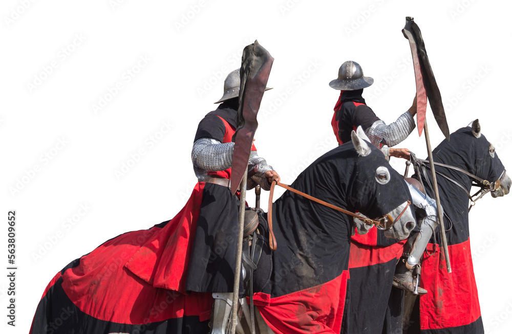 Naklejka premium Isolated PNG cutout of knights on their horses on a transparent background, ideal for photobashing, matte-painting, concept art