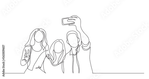 continuous line drawing vector illustration with FULLY EDITABLE STROKE of group of happy young friends making selfie