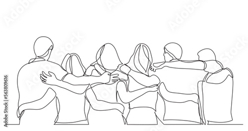 continuous line drawing vector illustration with FULLY EDITABLE STROKE of group of men and women standing together showing their friendship