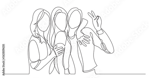 continuous line drawing vector illustration with FULLY EDITABLE STROKE of happy and carefree group of friends posing together