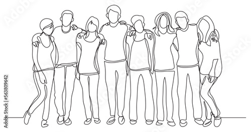 continuous line drawing vector illustration with FULLY EDITABLE STROKE of high school class of friends standing together