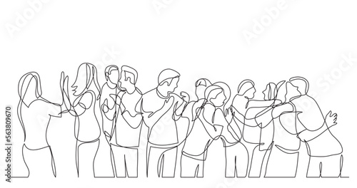 continuous line drawing vector illustration with FULLY EDITABLE STROKE of large team of friends cheering and celebrating success