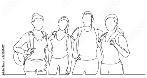 continuous line drawing vector illustration with FULLY EDITABLE STROKE of team of happy campers with backpacks standing together