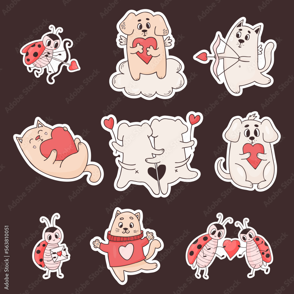 Collection stickers love animals. Cute puppy, couple dogs, funny cat and ladybug insects with heart. Vector isolated romantic animals for design, decor, printing, greeting cards, valentines.