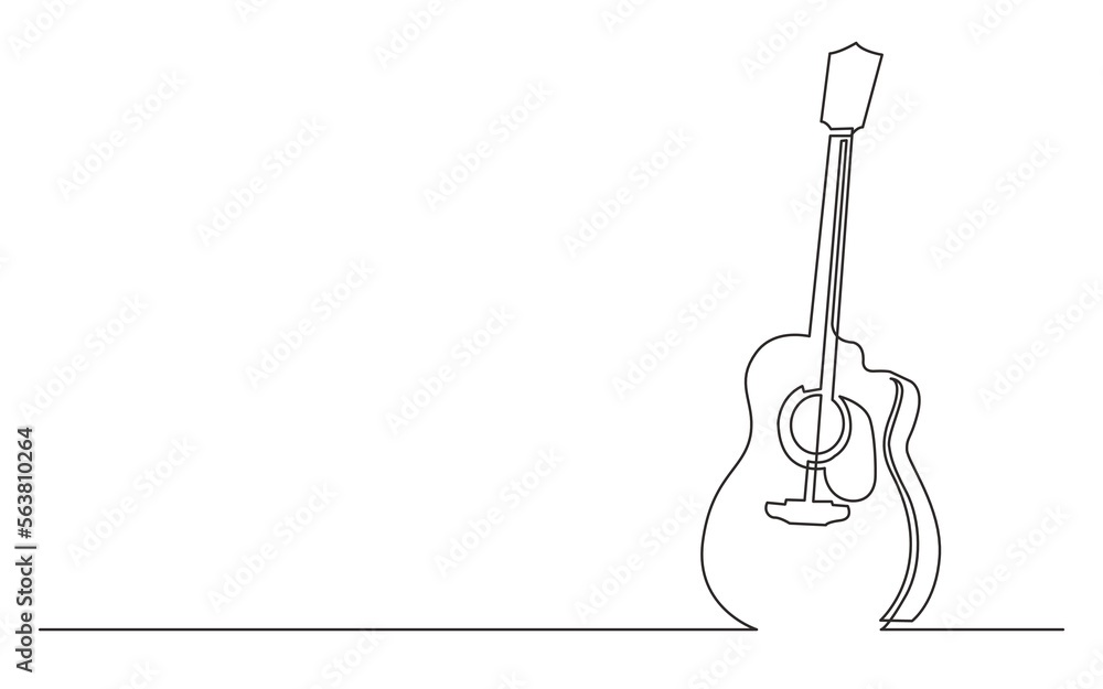 continuous line drawing vector illustration with FULLY EDITABLE STROKE of one standing acoustic guitar