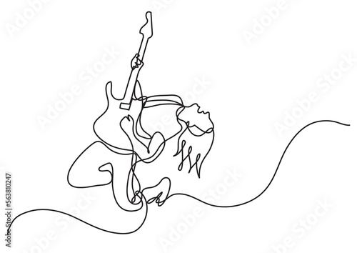 continuous line drawing vector illustration with FULLY EDITABLE STROKE of jumping rock guitarist