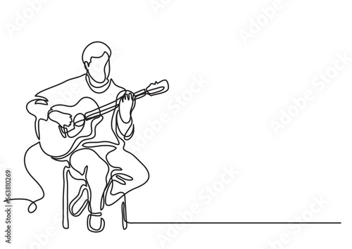 continuous line drawing vector illustration with FULLY EDITABLE STROKE of sitting guitarist playing guitar