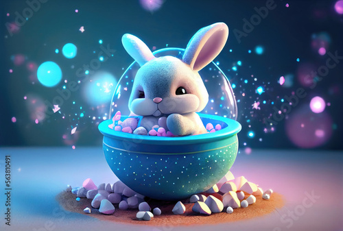 Cute rabbit bunny in the container. Magical fantasy concept. Generative AI