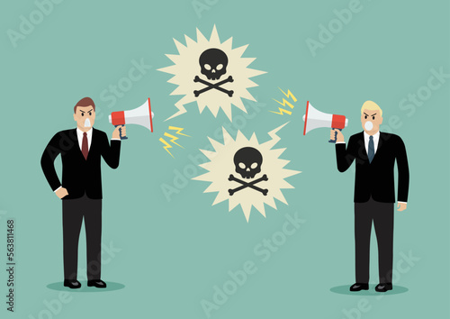 Two toxic businessman are shouting on each other with megaphones.
