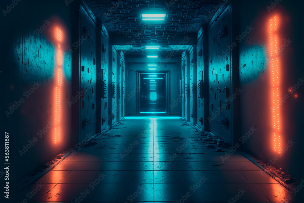 Neon corridor, virtual reality glowing lamps in a dark corridor Generative AI