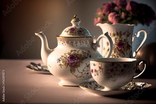Hot Teapot And Teacups vintage Tea Set Generative AI © Лилия Захарчук
