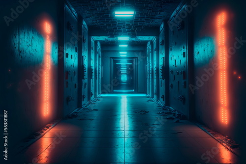 Neon corridor, virtual reality glowing lamps in a dark corridor Generative AI