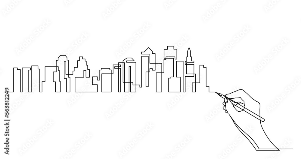 continuous line drawing vector illustration with FULLY EDITABLE STROKE of business concept sketch of city skyscrapers skyline