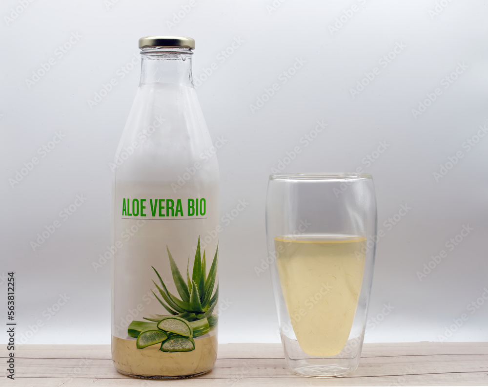 Glass bottle of organic Aloe Vera Bio dietary supplement. Aloe Vera is a plant that is used in dietary supplements due to its potential health benefits. Glass bottle of organic Aloe Vera Bio dietary supplement. Aloe Vera is a plant that is used in dietary supplements due to its potential health benefits.