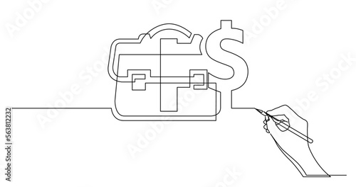 continuous line drawing vector illustration with FULLY EDITABLE STROKE of business concept sketch of business briefcase with dollar sign