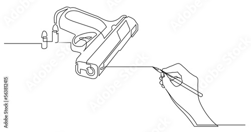 continuous line drawing vector illustration with FULLY EDITABLE STROKE of business concept sketch of handgun with bullets