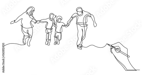continuous line drawing vector illustration with FULLY EDITABLE STROKE of business concept sketch of happy family having fun