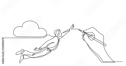 continuous line drawing vector illustration with FULLY EDITABLE STROKE of business concept sketch of man flying high in sky