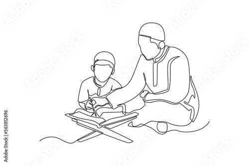 Continuous one line drawing happy father teaching Quran to his son in the month of Ramadan. Ramadan activity concept. Single line draw design vector graphic illustration.