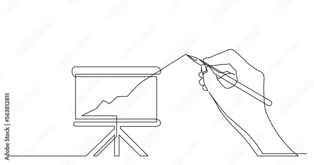 continuous line drawing vector illustration with FULLY EDITABLE STROKE of business concept sketch of presentation board with rising diagram