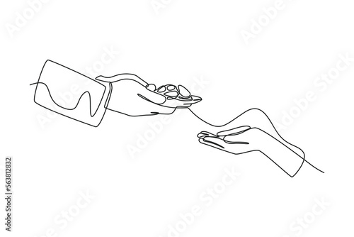 Continuous one line drawing hands sharing free food in the month of Ramadan. Ramadan activity concept. Single line draw design vector graphic illustration.