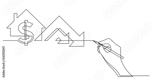 continuous line drawing vector illustration with FULLY EDITABLE STROKE of business concept sketch of real estate market collapse