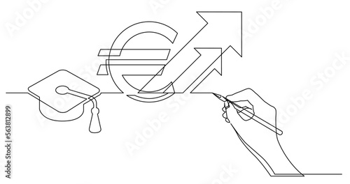 continuous line drawing vector illustration with FULLY EDITABLE STROKE of business concept sketch of rising cost of education in euro