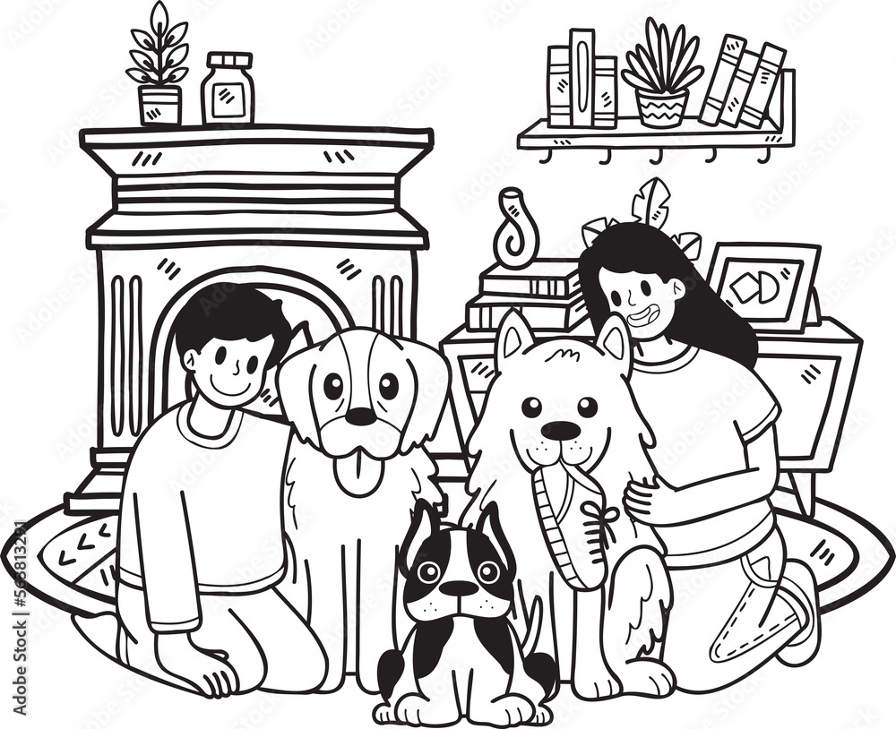 Hand Drawn The owner hugged the dog in the room illustration in doodle style Hand Drawn The owner hugged the dog in the room illustration in doodle style