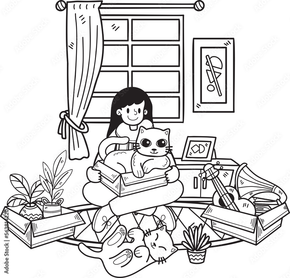 Hand Drawn Owner with cat and gift in the room illustration in doodle style