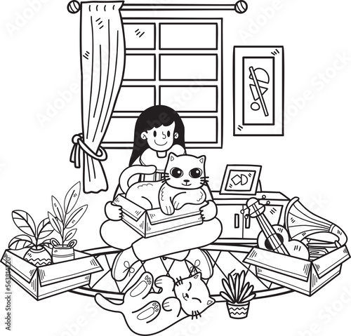 Hand Drawn Owner with cat and gift in the room illustration in doodle style