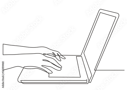 continuous line drawing vector illustration with FULLY EDITABLE STROKE of hands typing on laptop computer