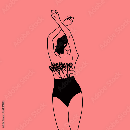 Female blooming from within flat vector illustration. Nude woman with flowers growing from chest. Femininity, feminism, prosperity and self love concept.