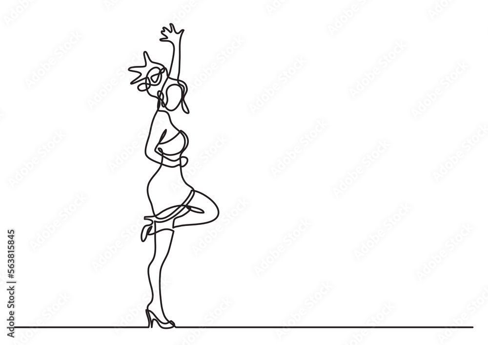 continuous line drawing vector illustration with FULLY EDITABLE STROKE of expressive happy woman in short dress continuous line drawing vector illustration with FULLY EDITABLE STROKE of expressive happy woman in short dress