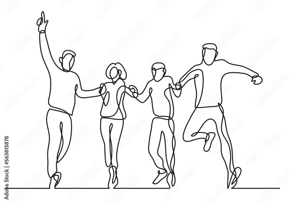 continuous line drawing vector illustration with FULLY EDITABLE STROKE of group four jumping