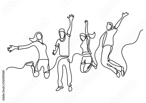 continuous line drawing vector illustration with FULLY EDITABLE STROKE of four jumping happy team members