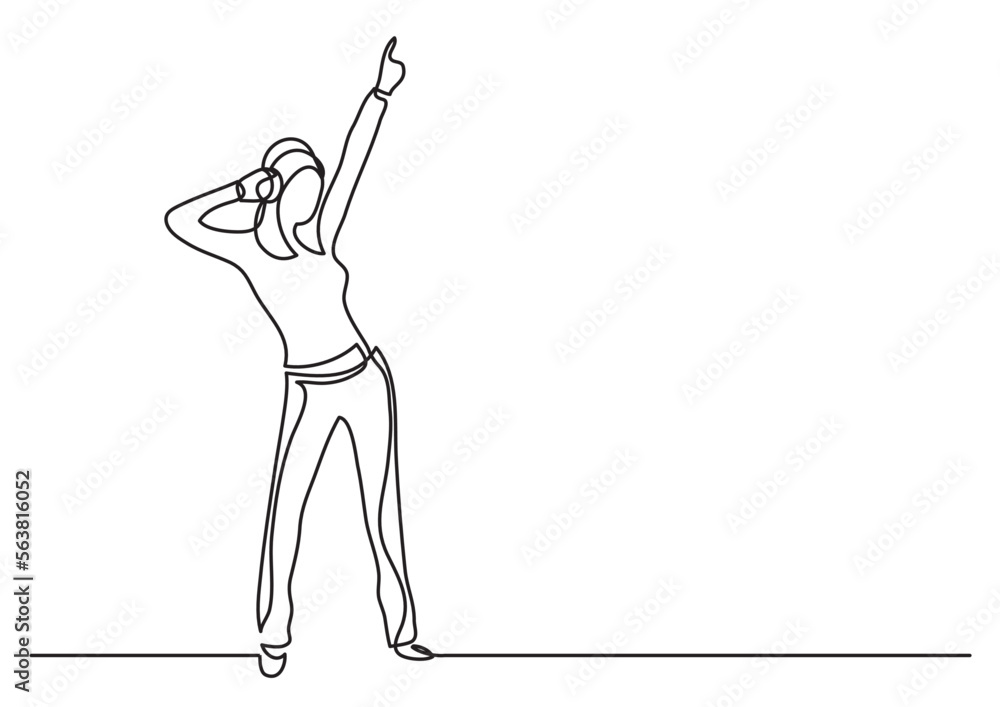 continuous line drawing vector illustration with FULLY EDITABLE STROKE of happy woman dancing with phones continuous line drawing vector illustration with FULLY EDITABLE STROKE of happy woman dancing with phones