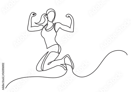 continuous line drawing vector illustration with FULLY EDITABLE STROKE of happy jumping woman athlete