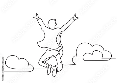 continuous line drawing vector illustration with FULLY EDITABLE STROKE of happy man jumping higher clouds