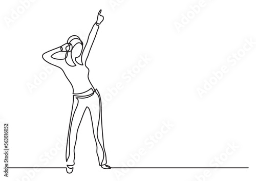 continuous line drawing vector illustration with FULLY EDITABLE STROKE of happy woman dancing with phones