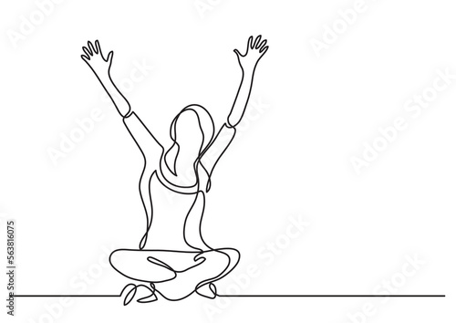 continuous line drawing vector illustration with FULLY EDITABLE STROKE of happy womansitting in lotus pose waving
