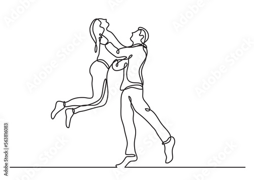 continuous line drawing vector illustration with FULLY EDITABLE STROKE of happy young couple having fun