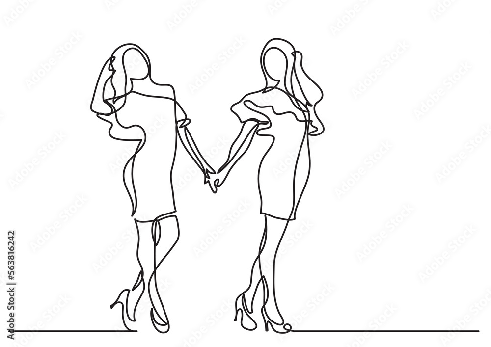 continuous line drawing vector illustration with FULLY EDITABLE STROKE of two happy standing young women