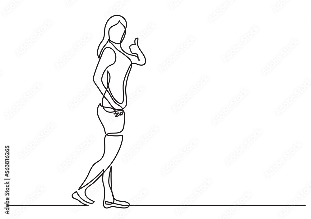 continuous line drawing vector illustration with FULLY EDITABLE STROKE of walking fitness woman showing thumb up continuous line drawing vector illustration with FULLY EDITABLE STROKE of walking fitness woman showing thumb up