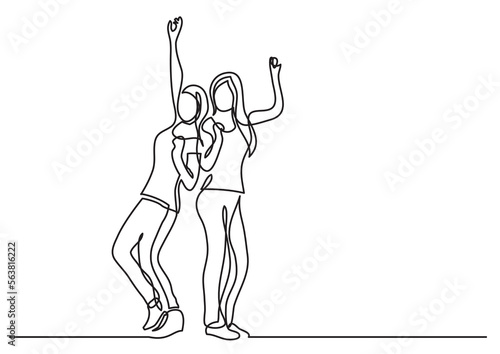 continuous line drawing vector illustration with FULLY EDITABLE STROKE of two cheering happy friends