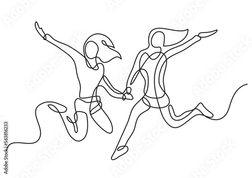 continuous line drawing vector illustration with FULLY EDITABLE STROKE of two happy girls jumping group of youth