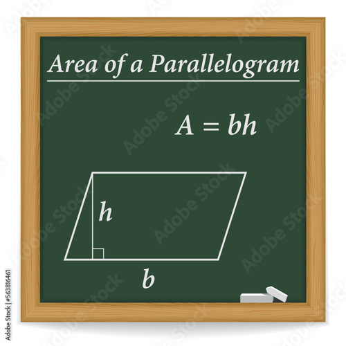 Area of a parallelogram. Chalkboard. School. Vector illustration.