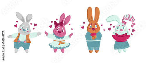 Valentine s day card with Kawaii bunny. Rabbit cartoon vector collection. Animal wildlife character. Small lovely rabbit holds love heart. Valentine s day illustration.