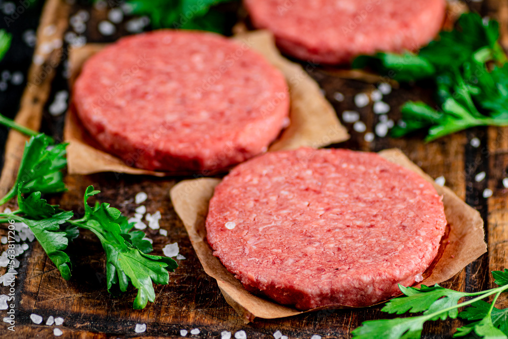 Raw burger on a cutting board with parsley and salt. Raw burger on a cutting board with parsley and salt.